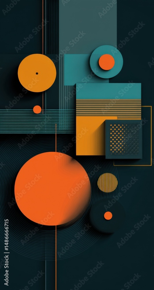 Aufkleber abstract geometric composition featuring orange and teal circles, squares, and lines against a dark 