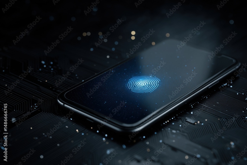 Aufkleber Smartphone displaying a glowing blue fingerprint scan on a dark circuit board, representing digital security and biometric technology. : Generative AI