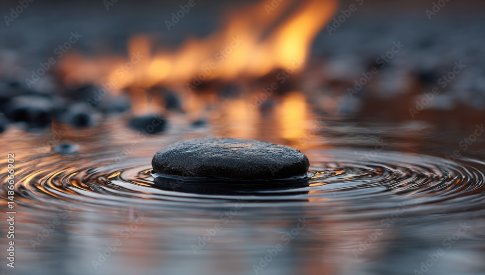 Poster a dark, smooth stone rests gently on calm water, creating concentric ripples; a blurred background s