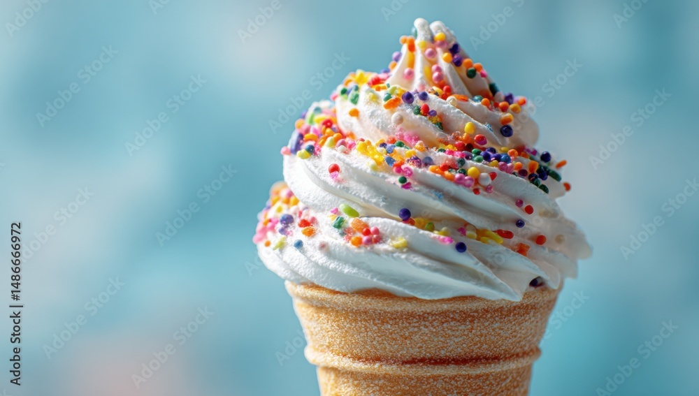 Aufkleber close-up of a delicious soft serve ice cream cone generously topped with colorful sprinkles, set aga