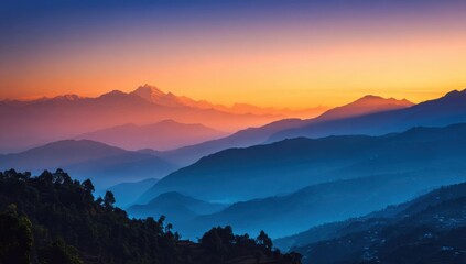 Obraz premium Majestic Himalayan sunrise paints the mountain ranges in vibrant hues of orange, pink, and blue, creating a breathtaking layered landscape. : Generative AI