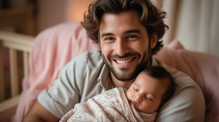 Joyful young father holding his peacefully sleeping newborn baby in a cozy home environment, capturing the warmth, love, and emotional bond of early parenthood and family life

