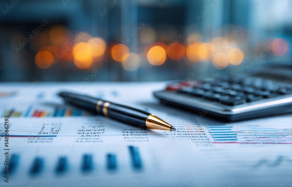Aufkleber close-up of a gold-tipped pen resting on financial documents with blurred calculator and bokeh light