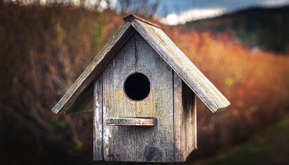 a weathered wooden birdhouse with a distressed finish