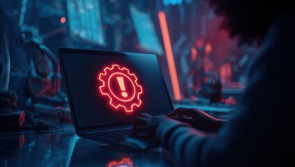 Person working on laptop with red warning gear icon on screen, futuristic setting, neon lights, dark ambiance, technology error, system alert. : Generative AI