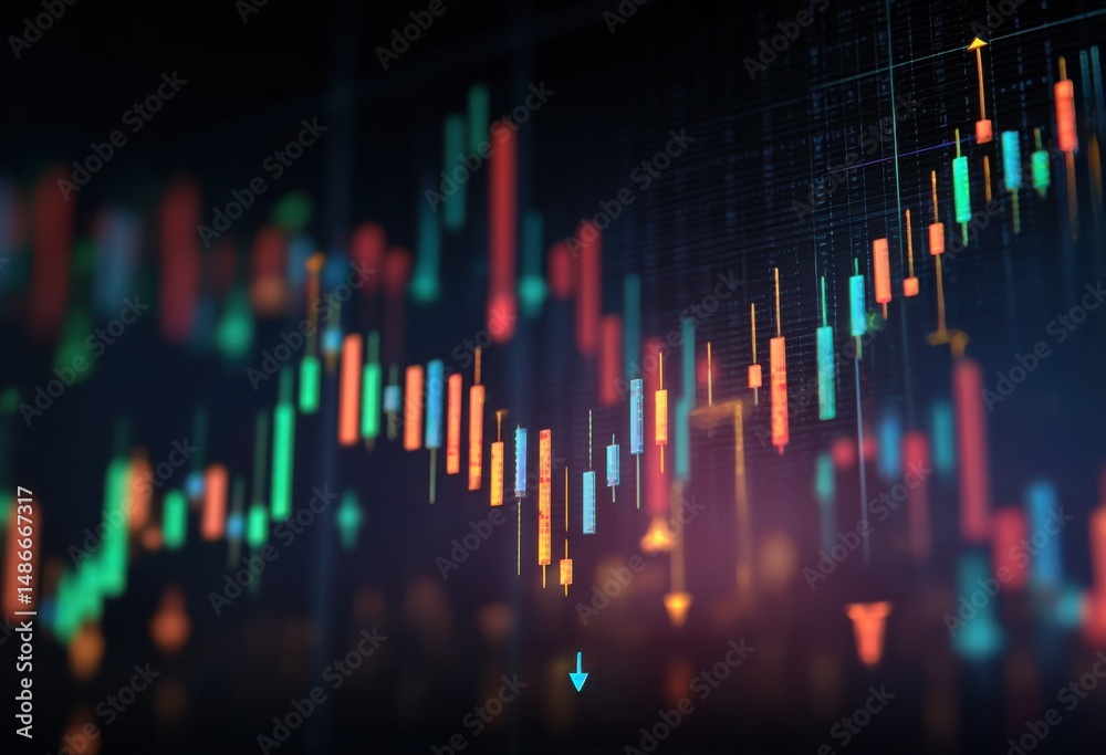 Poster candlestick chart illustrating dynamic stock market trends, showcasing fluctuating prices and potent