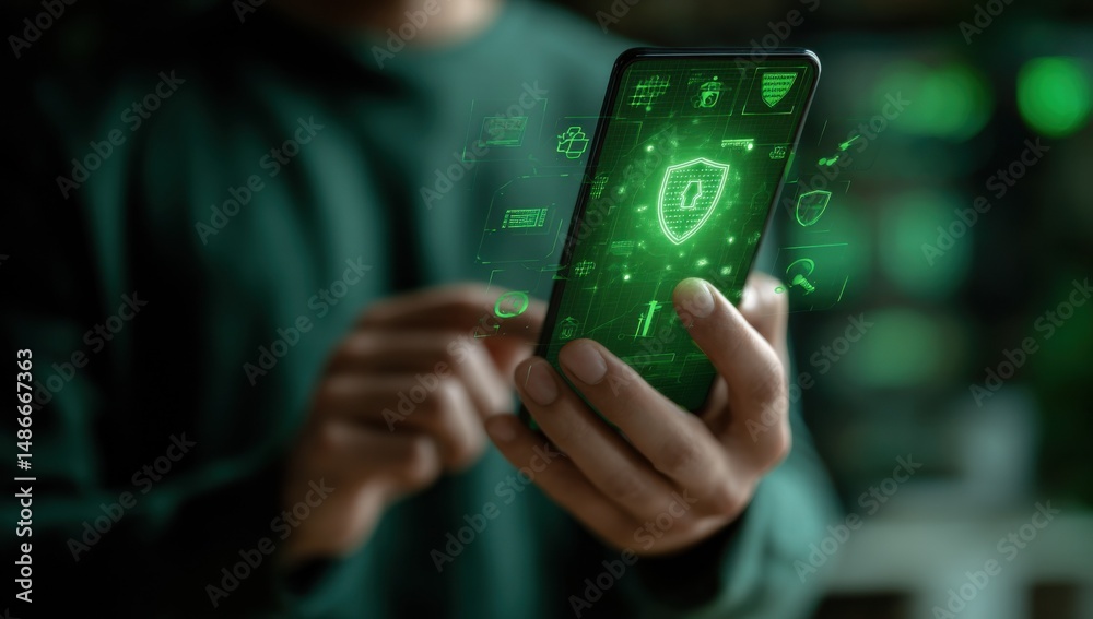 Poster Person using smartphone with glowing green digital security shield interface, showcasing online protection and data safety features. : Generative AI