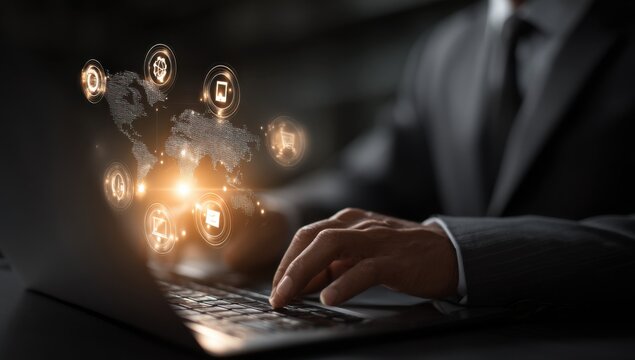 Businessman using laptop, global network connection visualized with glowing icons representing e-commerce, communication, and technology, dark background. : Generative AI