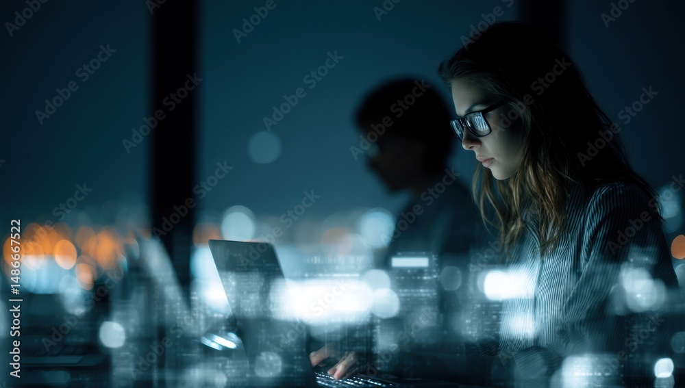 Poster focused young woman programmer works late at night on laptop, city lights blurred in background, cod
