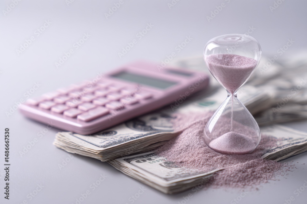 Poster hourglass with pink sand resting on a stack of dollar bills, next to a pink calculator; concept of t