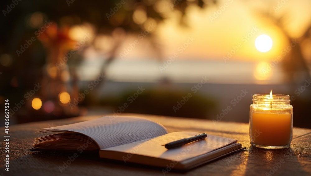 Poster Open notebook with pen rests on wooden table at sunset, beside a lit candle in a jar; ocean view in soft focus background. : Generative AI