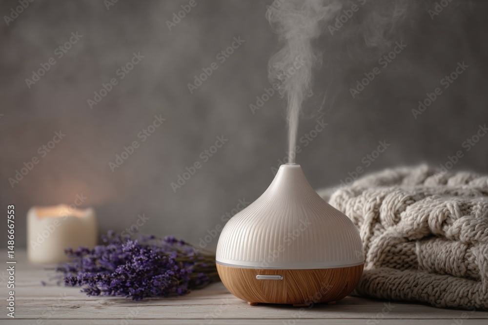 Poster Aromatic diffuser with lavender and a cozy sweater, creating a relaxing and calming atmosphere in a home setting. : Generative AI