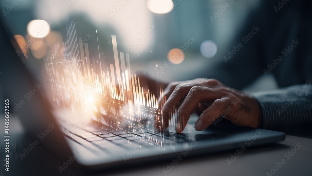 Poster Person's hands using a laptop with glowing financial data charts and graphs displayed on the screen, illustrating modern business analytics. : Generative AI