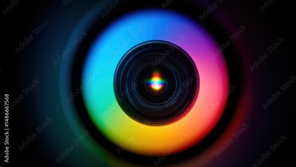 Fototapete Close-up view of a camera lens surrounded by vibrant rainbow colors, creating a captivating and colorful image perfect for technology or photography related projects. : Generative AI