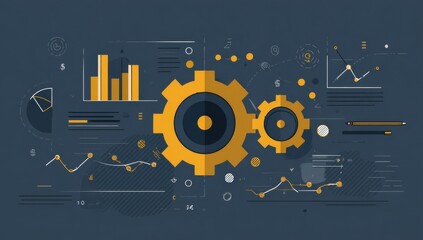 Abstract illustration of interconnected gears, charts, and graphs representing business processes, data analysis, and workflow optimization, set against a dark blue background. : Generative AI