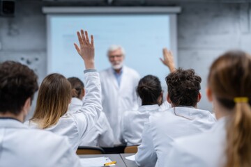 Students in white coats raise hands during a lecture, actively participating in a medical school classroom setting. : Generative AI
