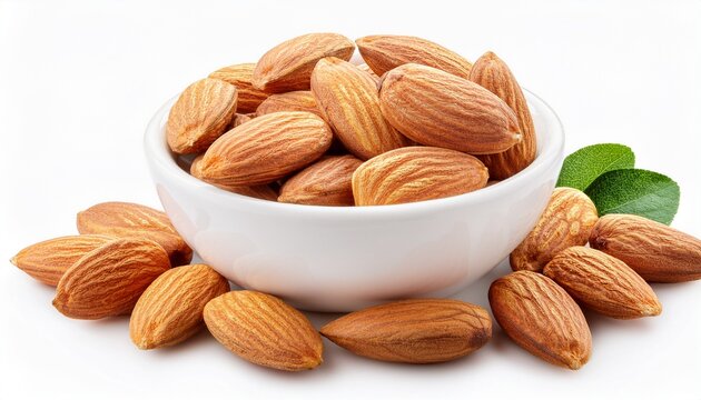 almond nuts in a white bowl isolated on white background sweet almond nut seeds pile almonds package design element
