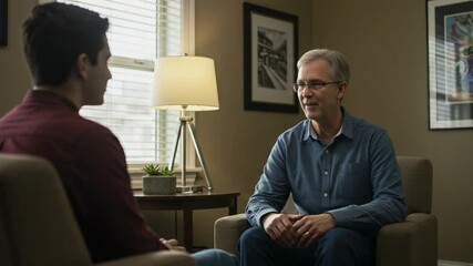 A middle-aged Caucasian male therapist engages in an attentive discussion with a young adult male client in a softly lit office environment, promoting mental well-being and counseling.