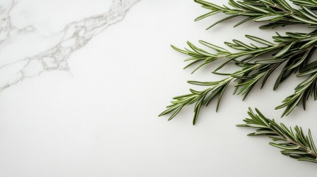 Fresh rosemary sprigs on marble background culinary herb food ingredient and aromatic plant