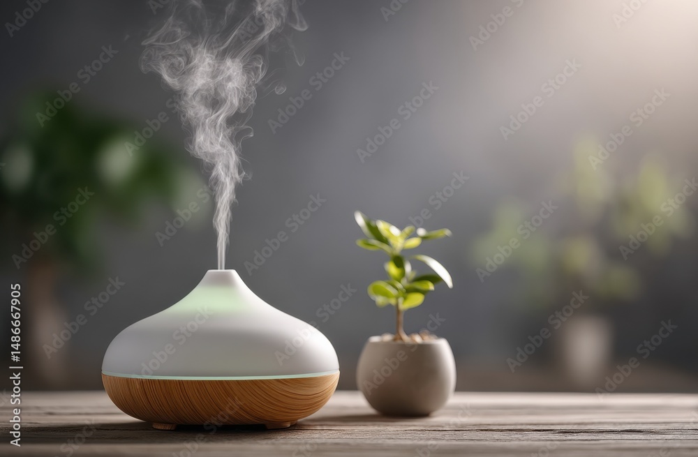 Leinwandbilder aromatherapy diffuser with steam emitting a calming scent, placed on a wooden table next to a small 