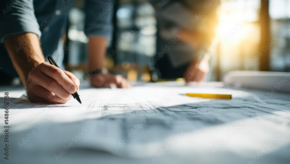 Poster Architect's hands carefully drawing precise lines on blueprint, collaborating with colleague in background, sunlight illuminating workspace. : Generative AI