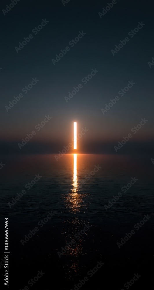 Aufkleber sunset over calm ocean water, featuring a bright vertical light beam piercing the horizon, creating 