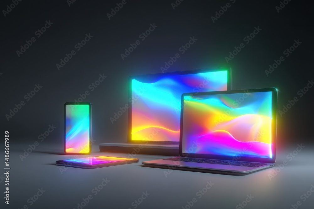 Poster modern devices display vibrant, colorful, abstract waves on their screens, showcasing a sleek and fu