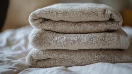 Soft fluffy beige towels stacked on white bedding cleanliness and comfort