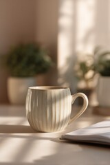 Obraz premium A ceramic coffee mug with warm sunlight streaming through the window : Generative AI