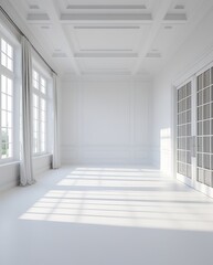 Obraz premium Elegant empty white room with large windows and soft natural sunlight casting shadows on the floor, showcasing classic interior architecture and minimal aesthetic atmosphere