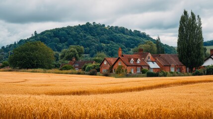 Fototapeta premium Idyllic rural landscape featuring golden wheat fields, traditional houses, and vibrant hills under a cloudy sky in serene countryside setting