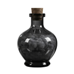 A small glass bottle filled with dark gray smoke and cork. It?s a potion or poison concept
