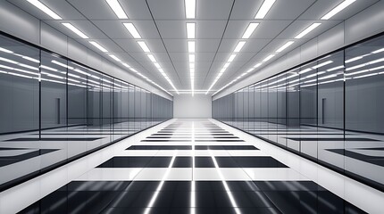 Futuristic minimalist hallway with glowing linear ceiling lights and reflective black glass walls, creating a sleek, infinite tunnel perspective in a monochromatic modern space

