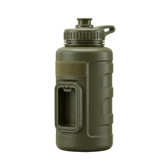 Olive drab water bottle with cap and holder, isolated on black, outdoor gear for hydration