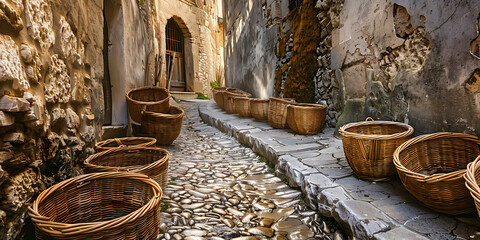 Narrow Cobblestone Alley Lined with Rustic Wicker Baskets and Weathered Stone Walls, Evoking a Quaint Village Atmosphere.

