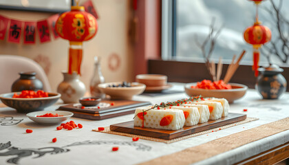 Golden Chinese New Year koi rice cake displayed elegantly on a festive table, mindfulness theme. with white shades
