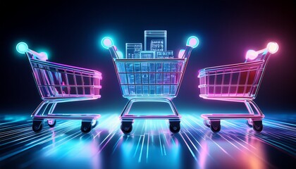 holographic shopping carts and digital products in a futuristic e commerce platform concept neon accents and clean details closes up