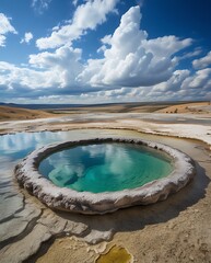 Stunning geothermal hot spring with crystal-clear turquoise water reflecting fluffy white clouds under a vivid blue sky, surrounded by mineral-rich textures and natural beauty

