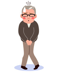 Senior man having frequent urination problem vector illustration. Stressed elderly grandpa character having prostate problems, health awareness concept