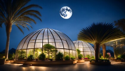 Obraz premium serene night view of glass domes showcasing vibrant plants under a full moon
