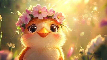 Happy chick wearing a pink and white flower crown, cheerful behavior generative ai