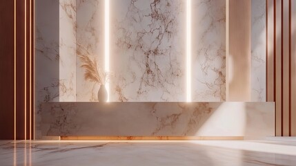 Modern, minimalist interior design showcase with marble and warm lighting.