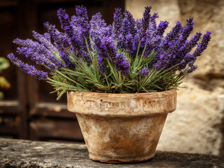 Fototapeta premium sepia-toned photograph of a lavender pot overflowing on a stone windowsill