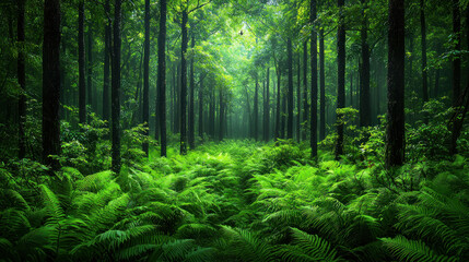 Forest pathway with lush green ferns