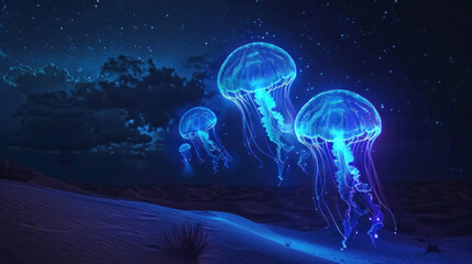 Glowing jellyfish in the night desert