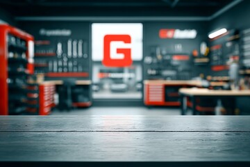 Dark Gray Wood Tabletop with Blurred Garage Workshop Background