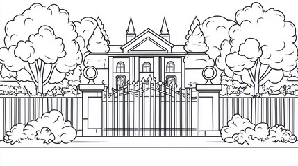 Elegant Mansion with Gate, Peaceful Landscape