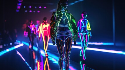 Neon fashion show models runway colorful lighting futuristic style