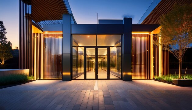 modern glass building entrance with automatic sliding doors and warm interior lighting creating a welcoming glow at dusk
