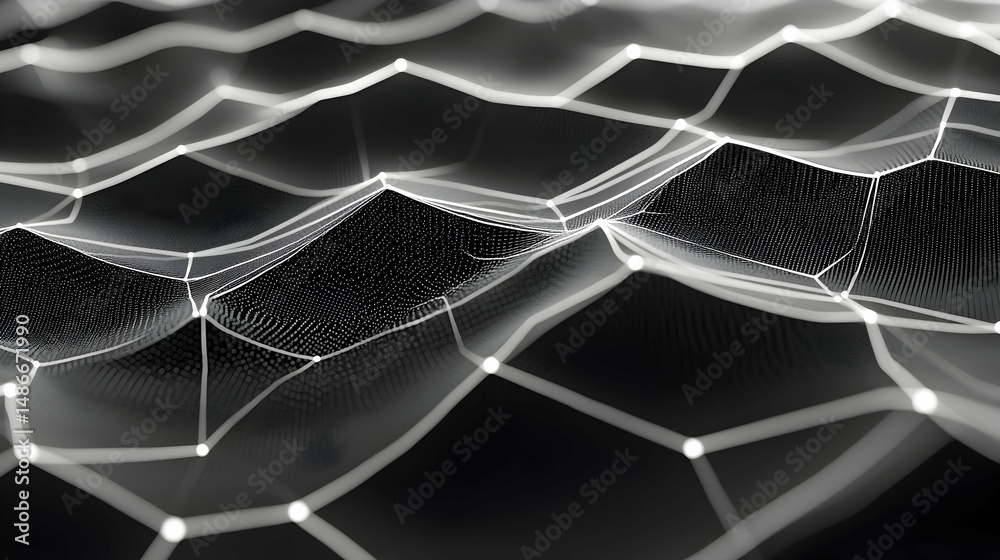 Poster monochrome abstract network: interconnected web with dark textured background